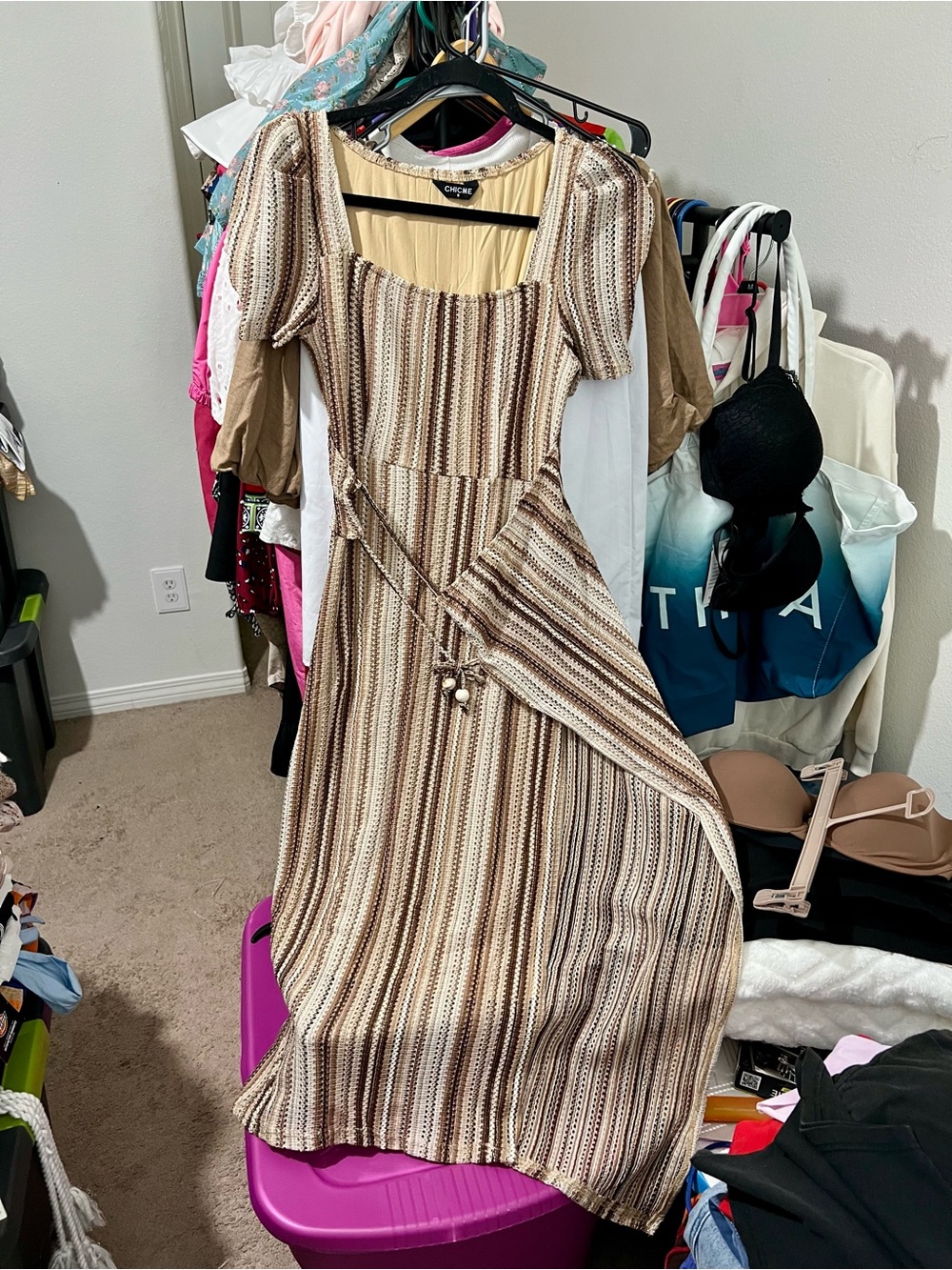 CHICME Cream and Brown Striped Puff Sleeved Midi Dress